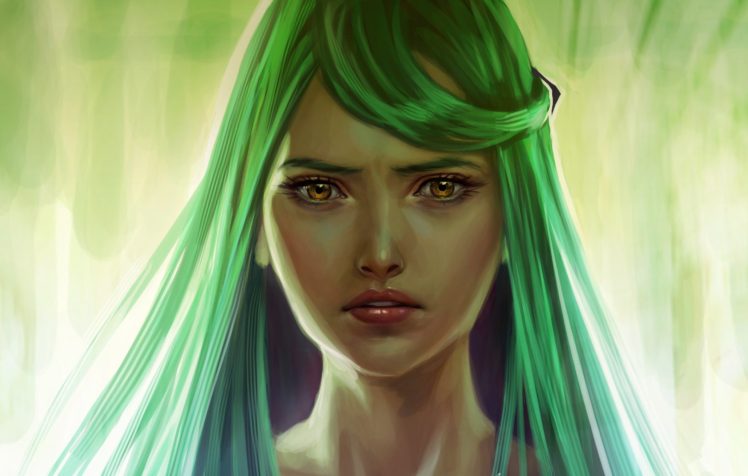 artwork, Women, Green hair, Yellow eyes, Face HD Wallpaper Desktop Background