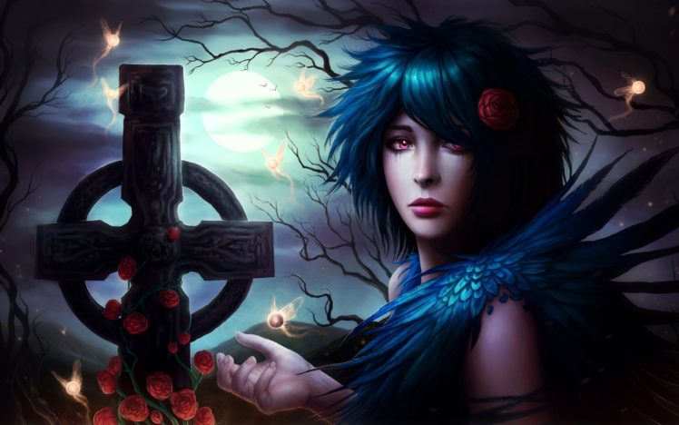 women, Blue hair, Looking at viewer, Cross, Fantasy girl, Moon, Night, Trees, Flowers, Rose, Flower in hair, Fantasy art HD Wallpaper Desktop Background