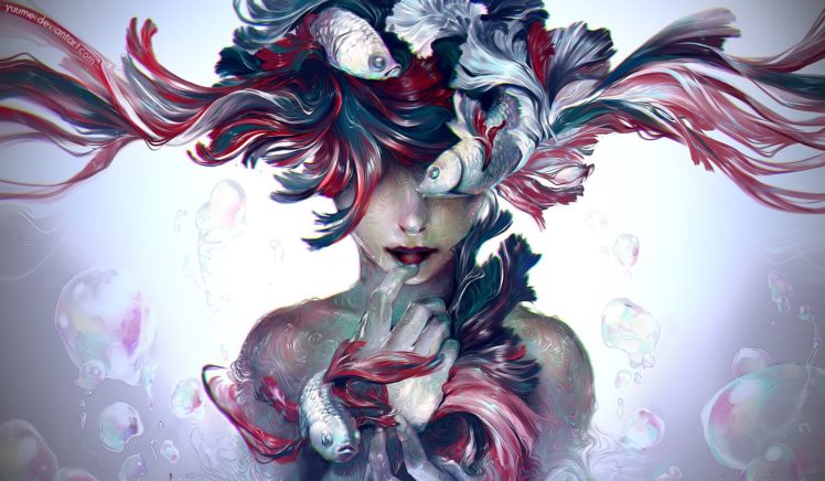 underwater, Women, Artwork, Bubbles, Fisheye Placebo HD Wallpaper Desktop Background