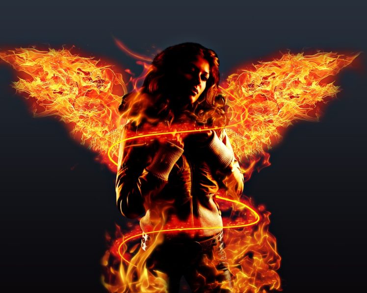 women, Fire, Digital art, Simple background, Wings HD Wallpaper Desktop Background