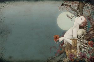 women, Artwork, Moon, Skeleton