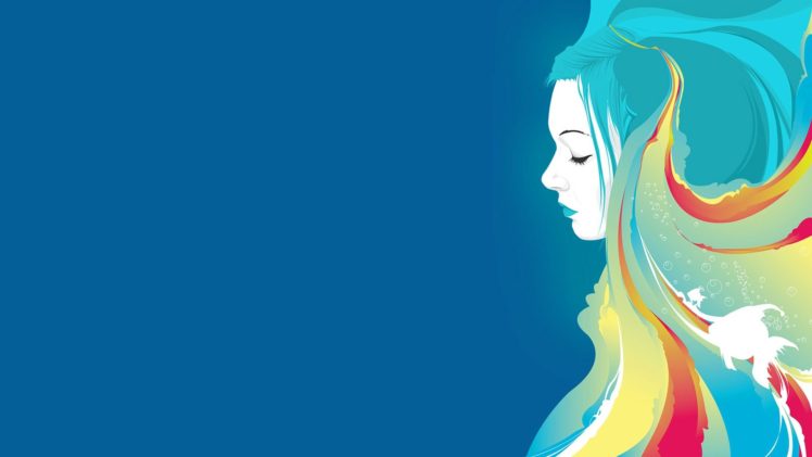 drawing, Women, Blue, Colorful, Blue hair, Fish HD Wallpaper Desktop Background
