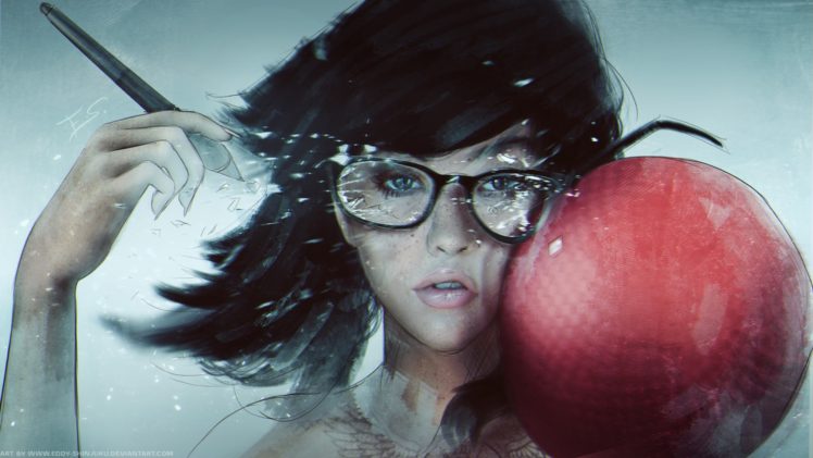 women with glasses, Glasses, Artwork, Women, Ball, DeviantArt, Black hair HD Wallpaper Desktop Background