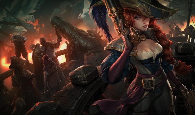 redhead, Women, Pirates, Miss Fortune, Sailing ship, Cannons, Naval battles, League of Legends, Bilgewater, Corset HD Wallpaper Desktop Background