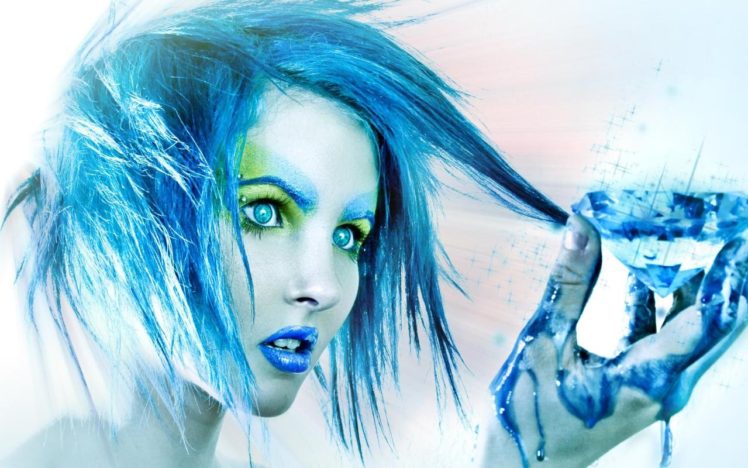 women, Blue hair, Face, Model, Lips, Diamonds HD Wallpaper Desktop Background