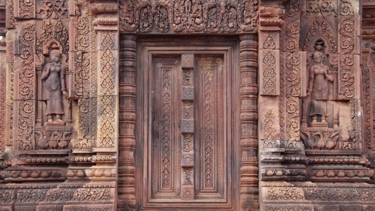 architecture, Asian architecture, Temple, Door, Cambodia, Shiva, Hinduism, Decorations, Sculpture, Statue, Stone, Women, Religion HD Wallpaper Desktop Background