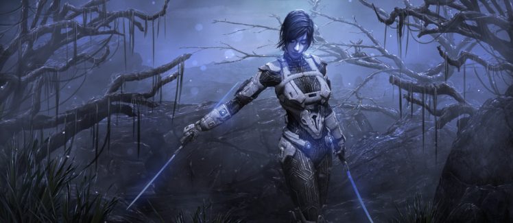 science fiction, Sword, Women, Warrior, Trees, Blue HD Wallpaper Desktop Background