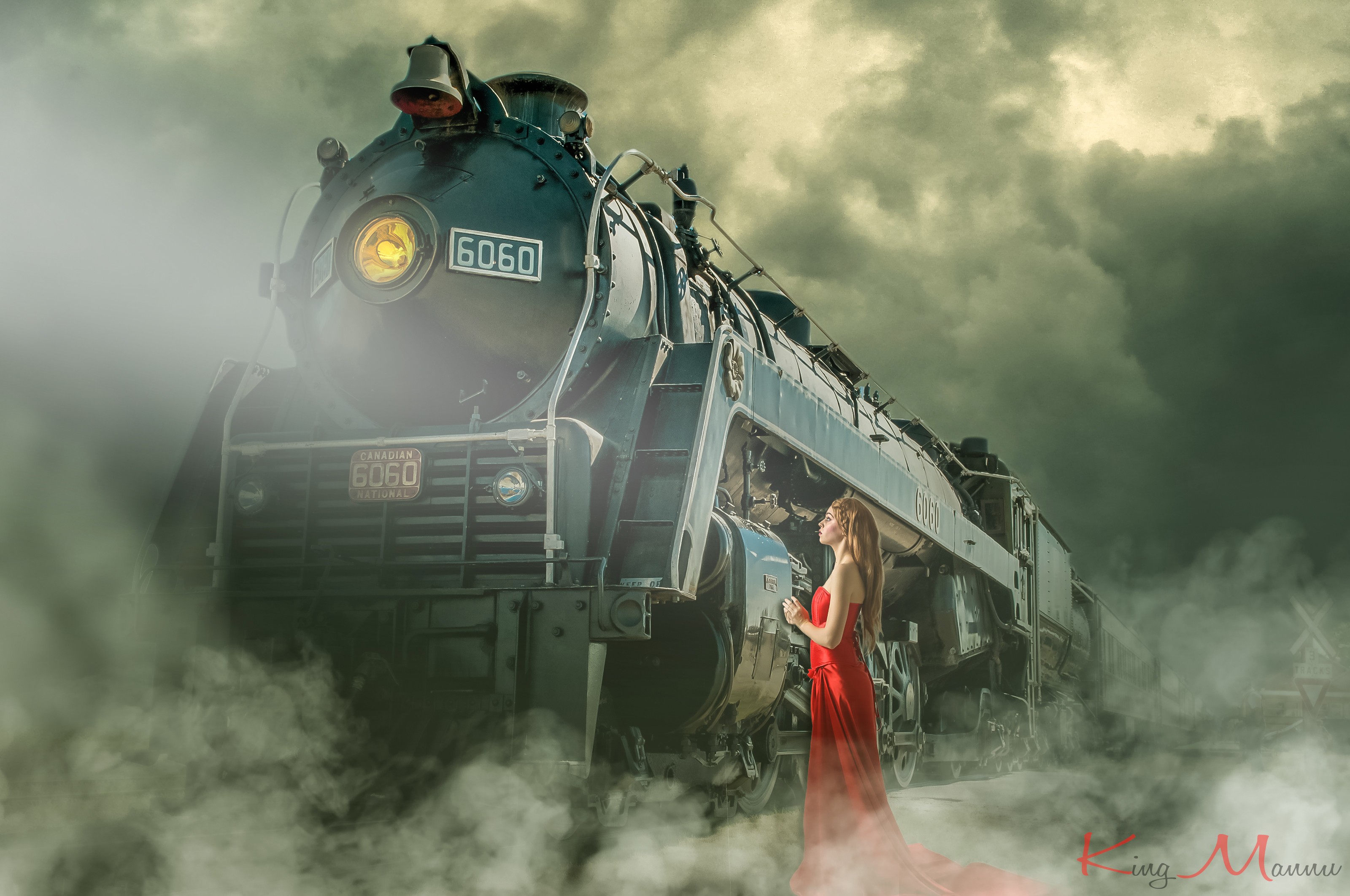 steam locomotive, Women, Mist Wallpaper