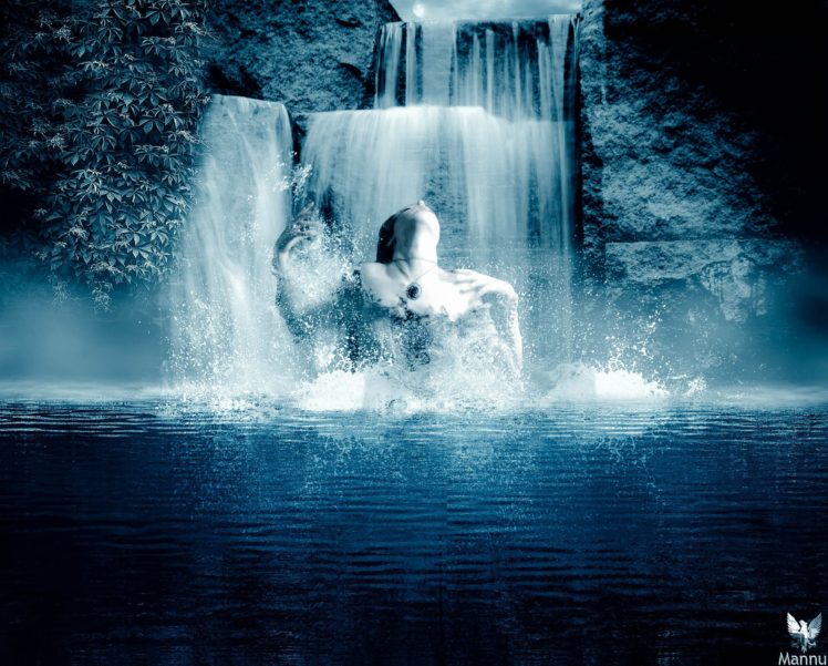 water, Waterfall, Women outdoors HD Wallpaper Desktop Background