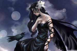 women, Wings, Crow, Mask, Black dress