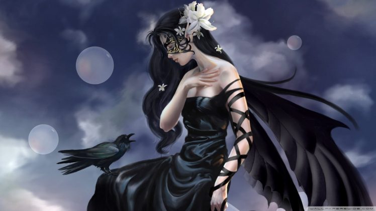 women, Wings, Crow, Mask, Black dress HD Wallpaper Desktop Background