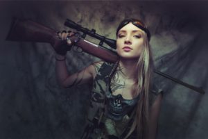 women, Army gear, Blonde, Rifles