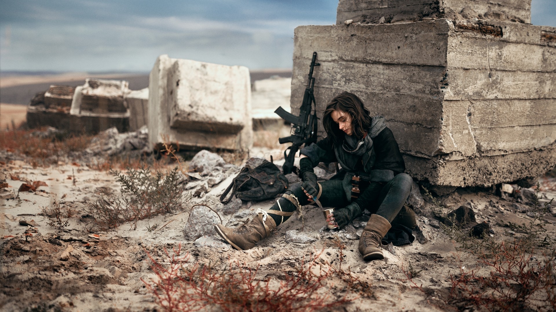 angel, Women with guns, Photography, Desert, Black dress, Brunette, AK 74 Wallpaper