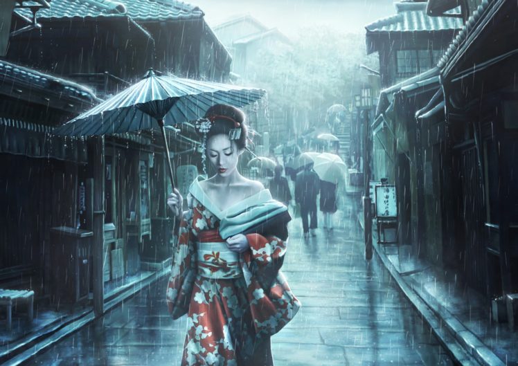 artwork, Women, Asian, Asian architecture, Rain, Geisha, Street, Umbrella, Japanese umbrella, Dress, Kimono HD Wallpaper Desktop Background