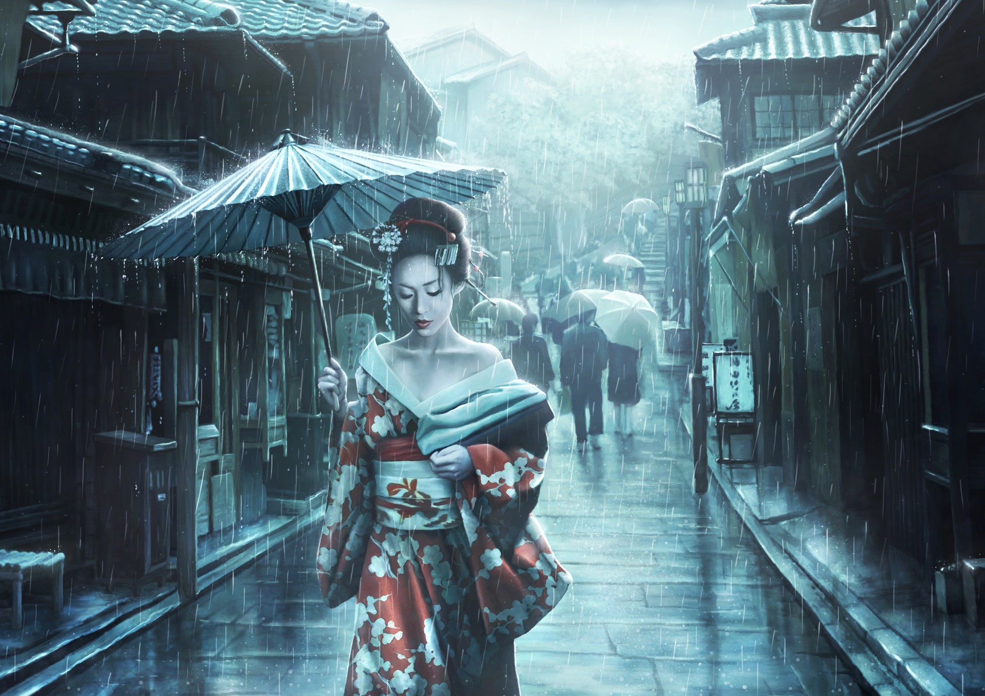 artwork, Women, Asian, Asian architecture, Rain, Geisha, Street, Umbrella, Japanese umbrella, Dress, Kimono Wallpaper
