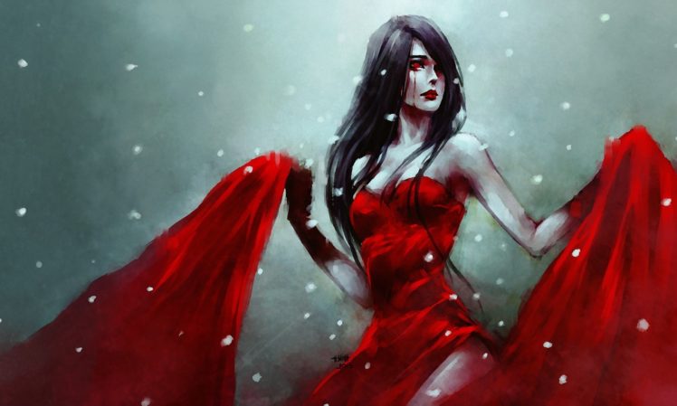 women, Brunette, Eyes, Dress, Fantasy art, Red, Winter HD Wallpaper Desktop Background