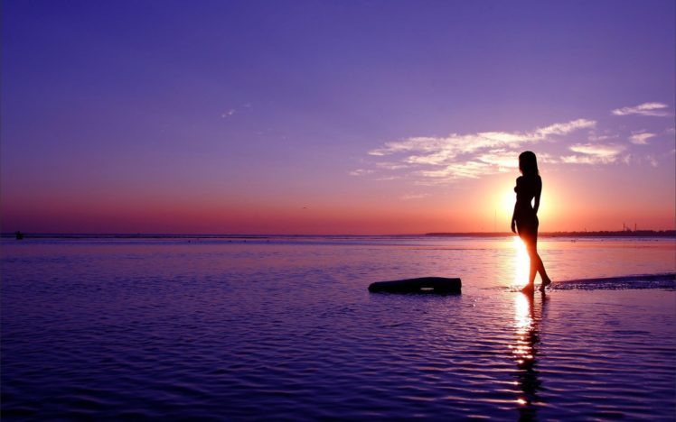 women, Sea, Sky, Horizon, Sunset HD Wallpaper Desktop Background