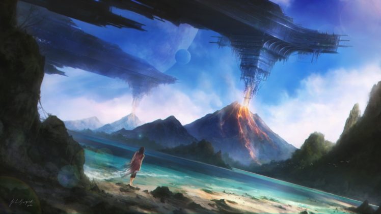 women, Fantasy art, Spaceship, Mountain, Sky, Planet HD Wallpaper Desktop Background