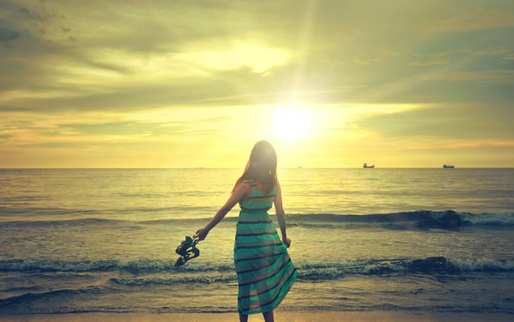 photography, Beach, Coast, Women, Sun, Ship HD Wallpaper Desktop Background