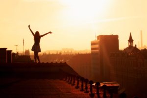 women, Arms up, Photography, Cityscape, Urban, City, Building, Sunlight, Rooftops, Silhouette