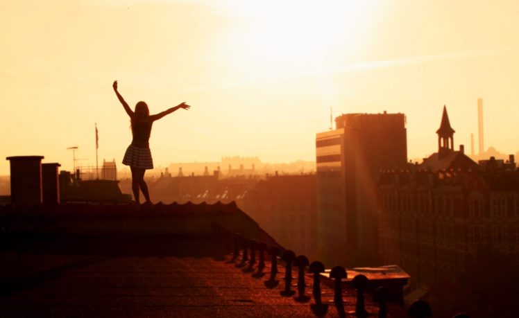 women, Arms up, Photography, Cityscape, Urban, City, Building, Sunlight, Rooftops, Silhouette HD Wallpaper Desktop Background