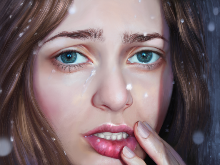 women, Blue eyes, Blonde, Lips, Face, Drawing, Sad, Portrait HD Wallpaper Desktop Background