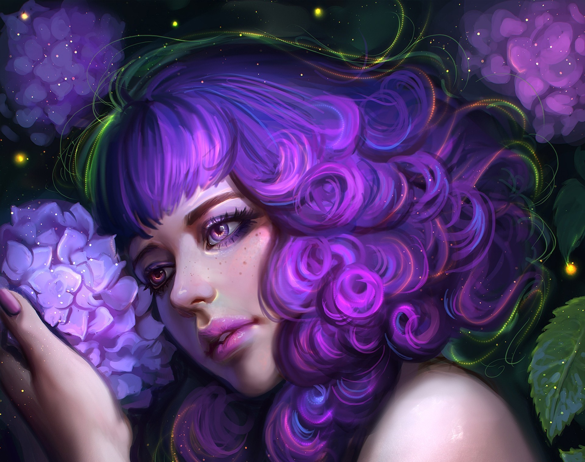 women, Purple hair, Curly hair, Purple eyes, Fantasy art, Artwork, Purple flowers Wallpaper
