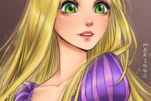 Rapunzel, Blonde, Women, Green eyes, Long hair, Dress, Pink, Purple, Fantasy art