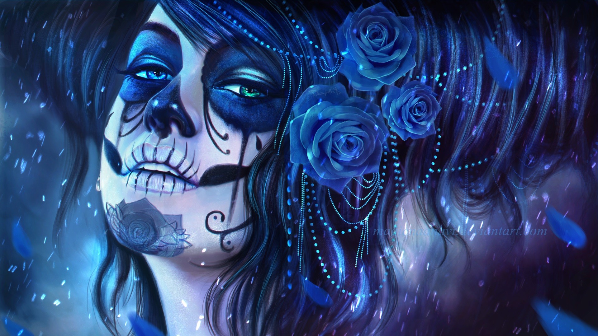 women, MagicnaAnavi, Dia de los Muertos, Skull Face, Drawing, Blue