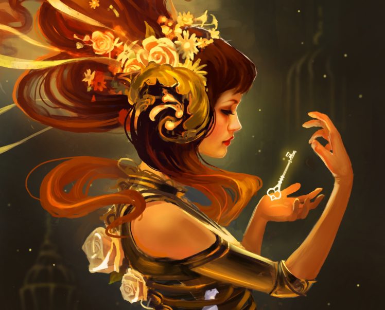 women, Fantasy art, Keys, Gold, Headdress HD Wallpaper Desktop Background