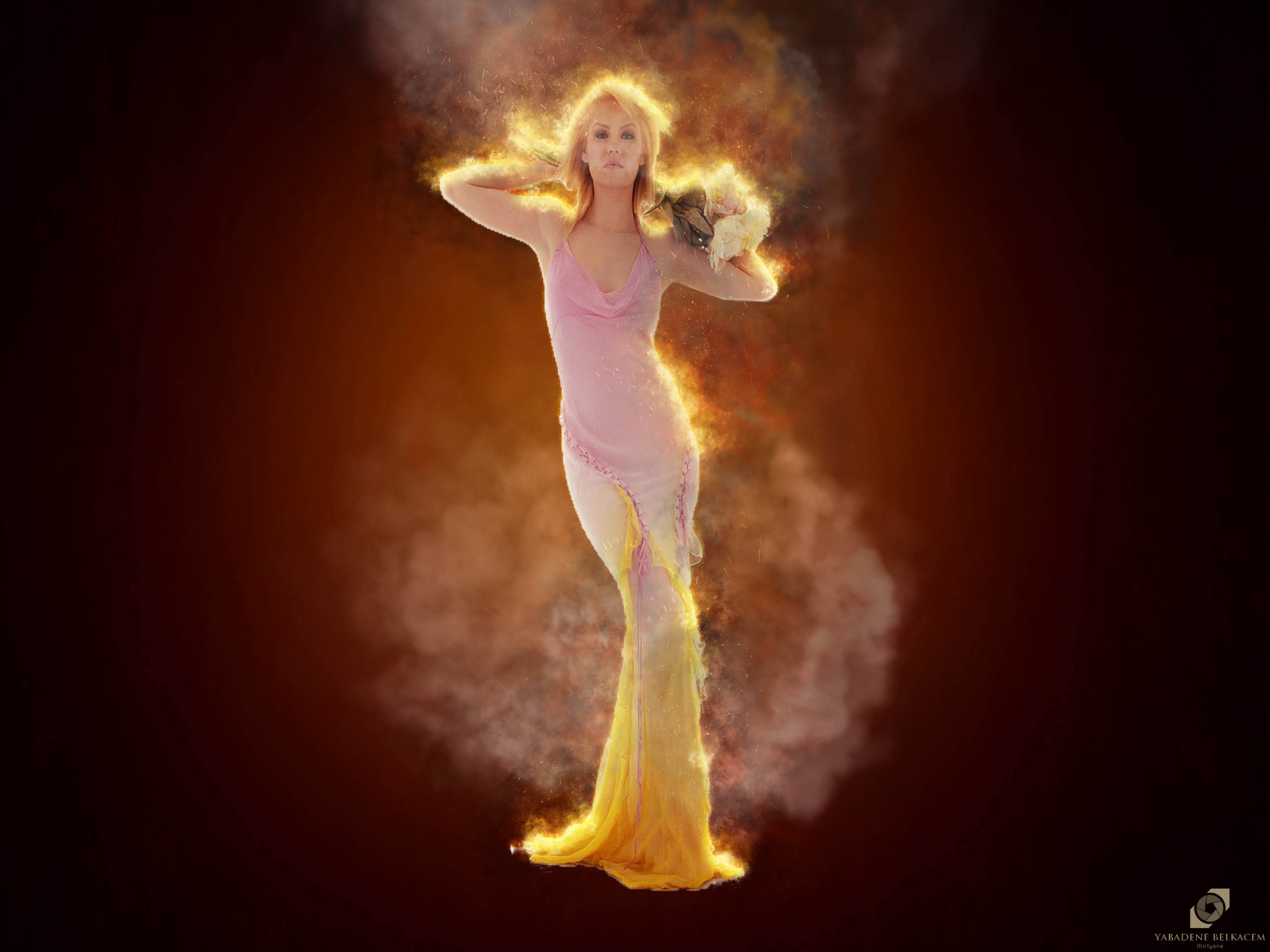 women, Fire, Red, Flowers, Hollywood Wallpaper