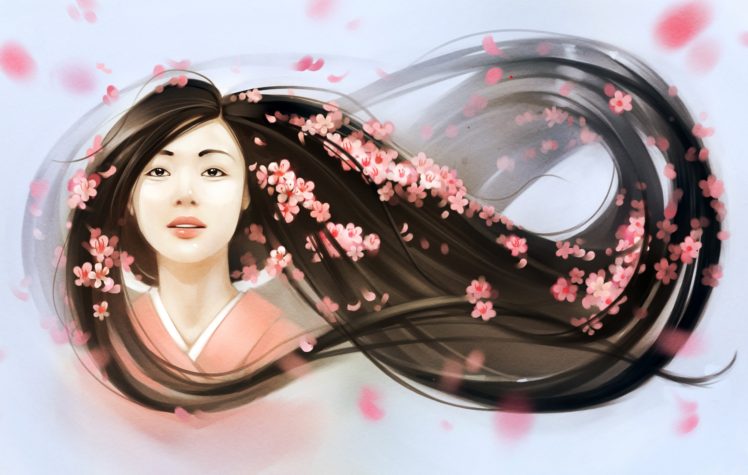 Asian, Women, Flowers, Artwork, Cherry blossom, Kimono HD Wallpaper Desktop Background