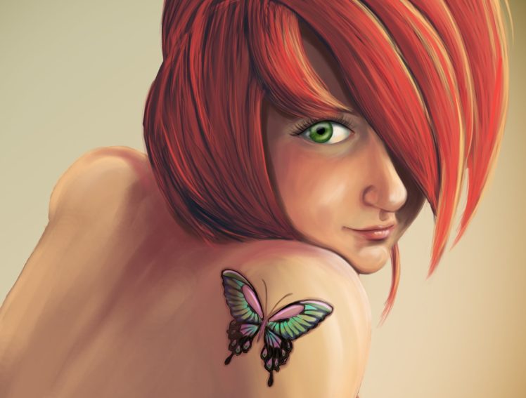 face, Women, Redhead, Green eyes, Artwork, Tattoo, Butterfly HD Wallpaper Desktop Background