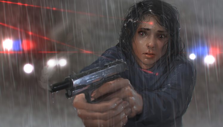 women, Police, Fan art, Gun, Laser, Rain HD Wallpaper Desktop Background