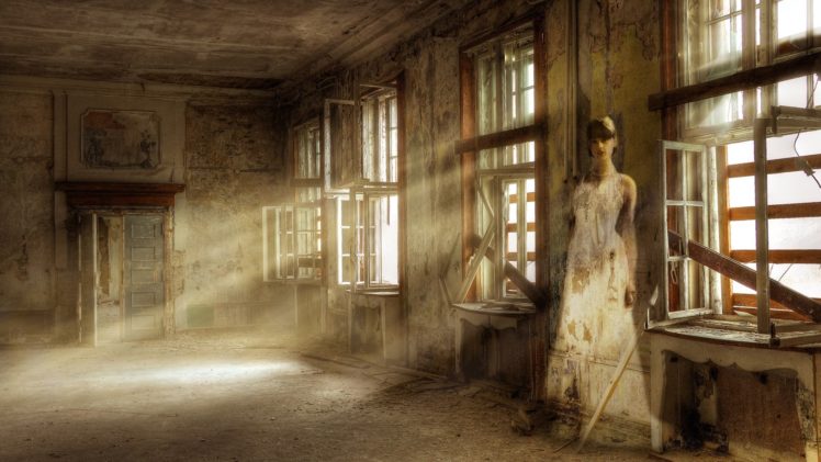 women, Interior, Abandoned, Window, Room, Photo manipulation, Sun rays, White dress, Empty, Door, Shadow, Wood HD Wallpaper Desktop Background