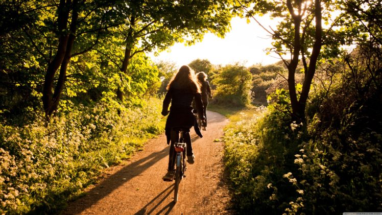 women, Sunlight, Trees, Tracks, Forest, Women with bikes HD Wallpaper Desktop Background