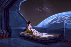 women, Bed, Galaxy, Space, Earth, Spaceship