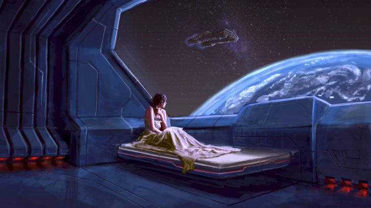 women, Bed, Galaxy, Space, Earth, Spaceship HD Wallpaper Desktop Background
