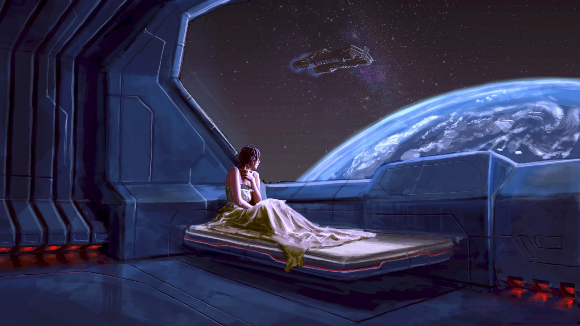women, Bed, Galaxy, Space, Earth, Spaceship Wallpaper
