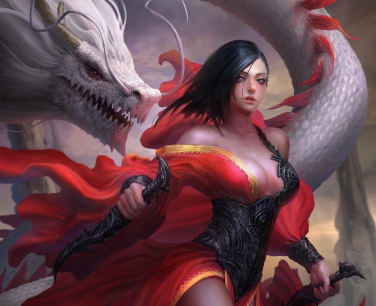 women, Dragon, Fantasy art HD Wallpaper Desktop Background