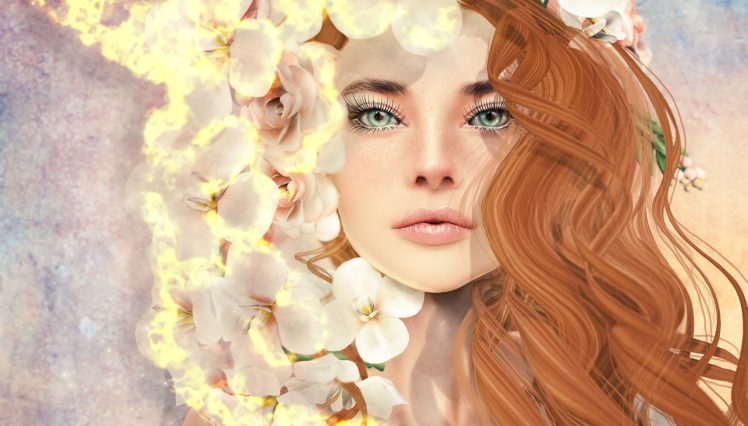 women, Green eyes, Face, Long hair, Flowers, Artwork HD Wallpaper Desktop Background