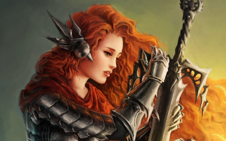 women, Redhead, Warrior, Artwork, Fantasy art, Sword, Armor HD Wallpaper Desktop Background
