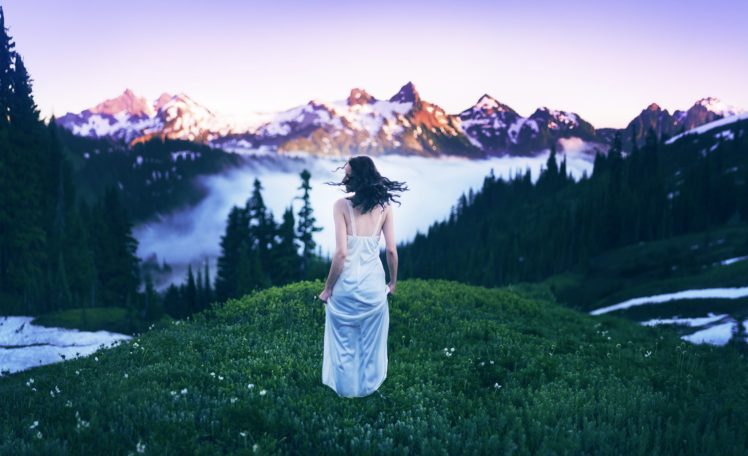brunette, Women, Photography, Grass, Mountains, Trees HD Wallpaper Desktop Background