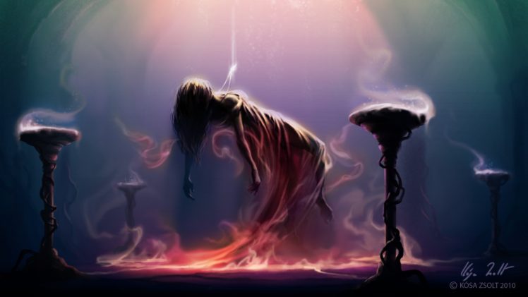 women, Altar, Magic, Smoke, Fire, Artwork, Fantasy art HD Wallpaper Desktop Background