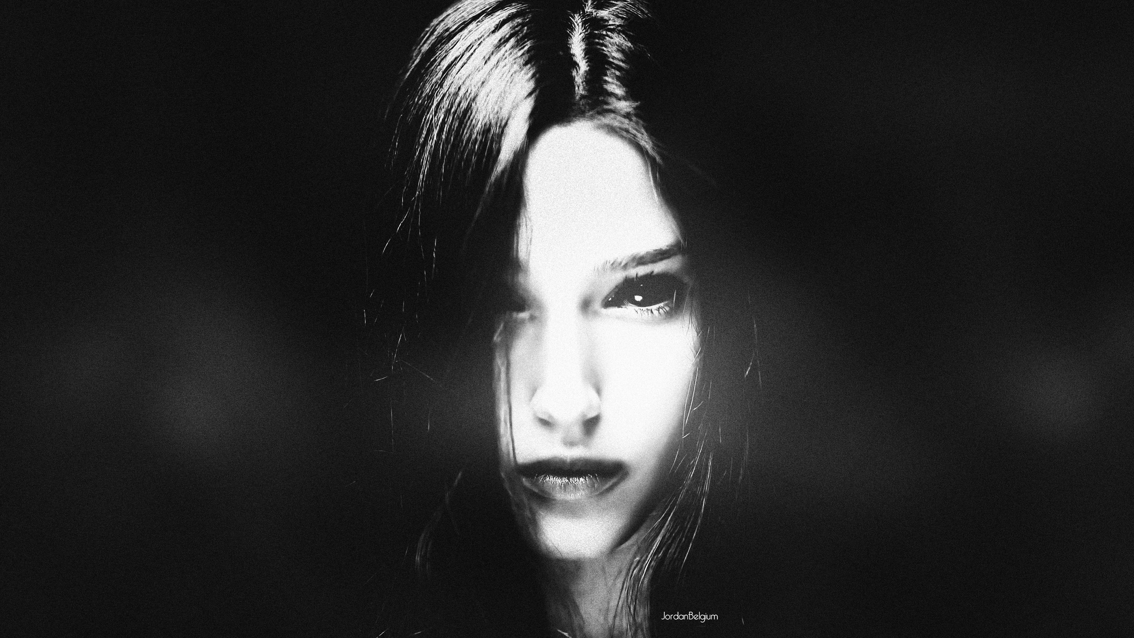 women, Face, Model, Jordan belgium, Horror, Exorcism, Photoshop, Monochrome, Simple background Wallpaper