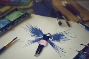 women, Lying on back, Barefoot, Fantasy art, Photo manipulation, Wings, Painting, Paintbrushes, Paper, Colorful, Depth of field, Black tops, Skirt, Miniatures
