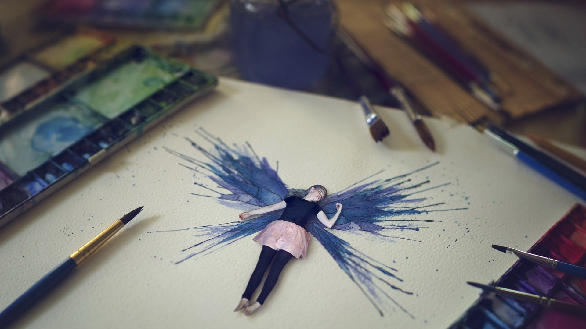 women, Lying on back, Barefoot, Fantasy art, Photo manipulation, Wings, Painting, Paintbrushes, Paper, Colorful, Depth of field, Black tops, Skirt, Miniatures Wallpaper