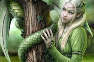 women, Anne Stokes, Blonde, Long hair, Elves, Fantasy art, Dragon, Portrait display, Trees, Branch, Wings, Green dress, Leaves