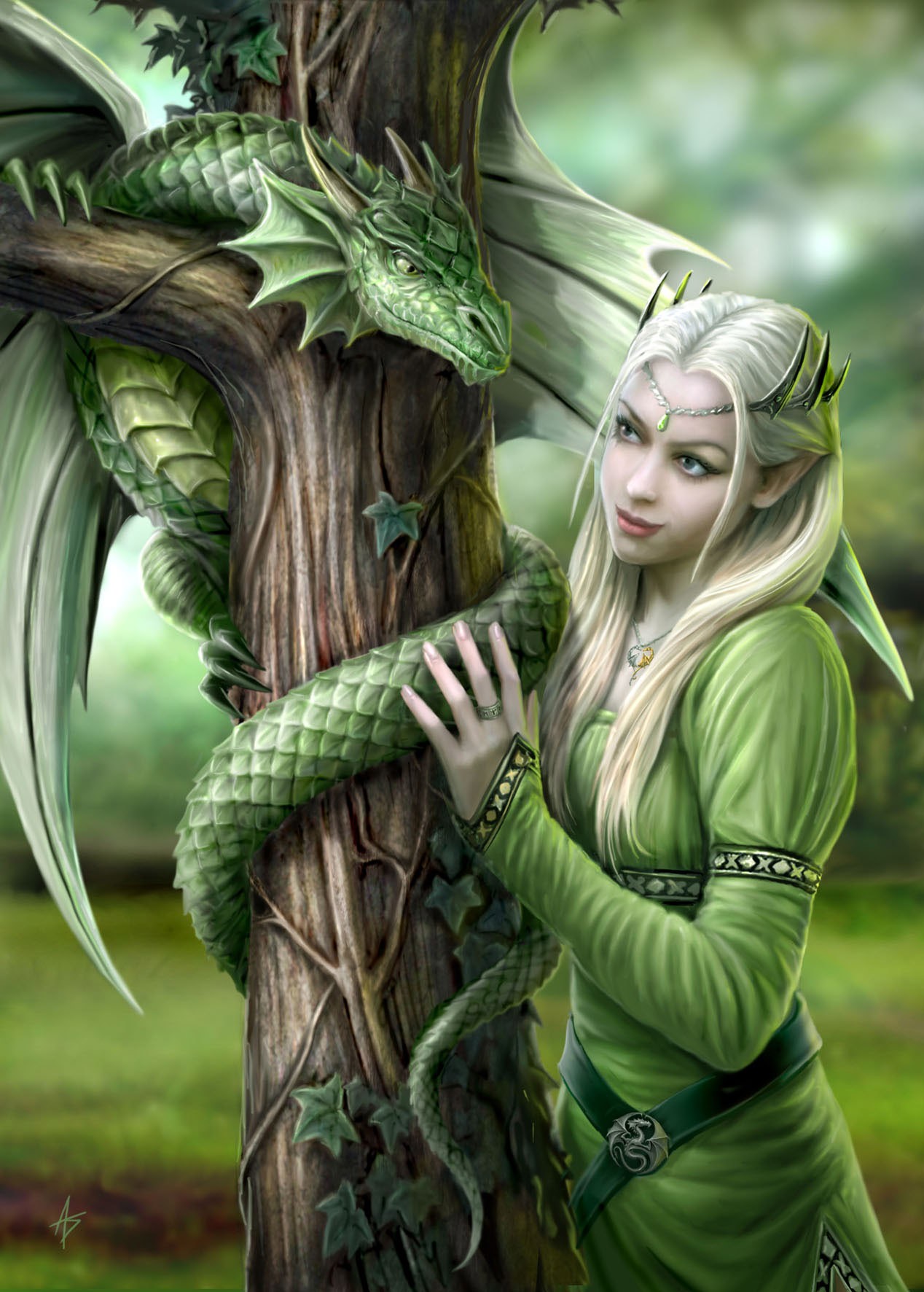 women, Anne Stokes, Blonde, Long hair, Elves, Fantasy art, Dragon, Portrait display, Trees, Branch, Wings, Green dress, Leaves Wallpaper