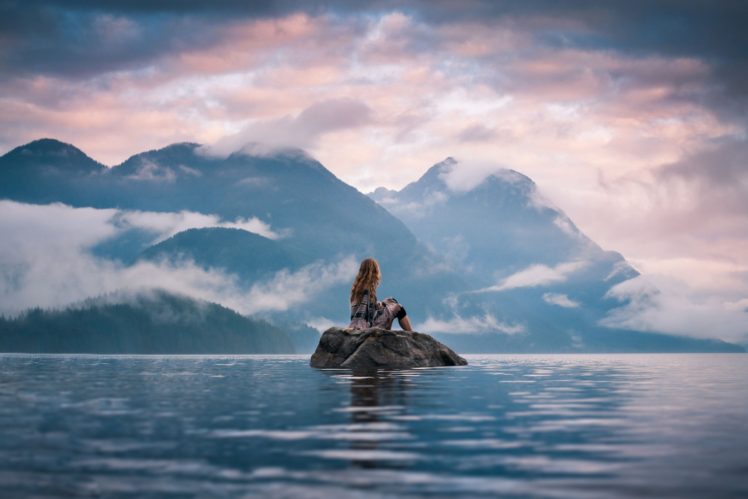women, Nature, Lagoon, River, Lake, Water, Landscape, Mountains HD Wallpaper Desktop Background
